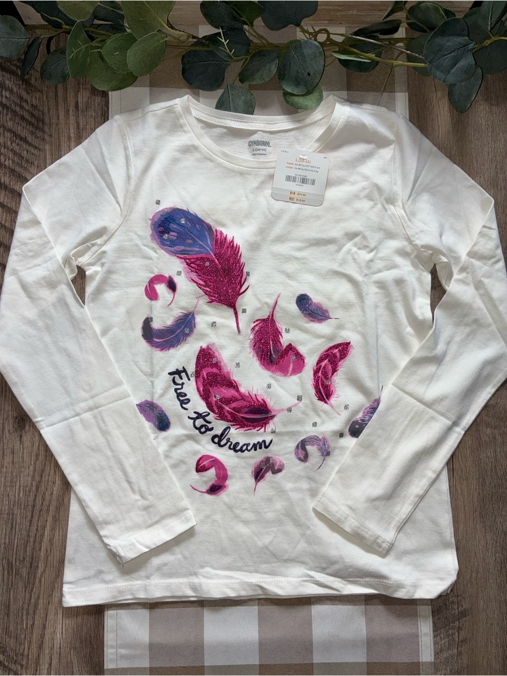 Gymboree White Long-Sleeve Tee with Pink & Purple Feather Graphics